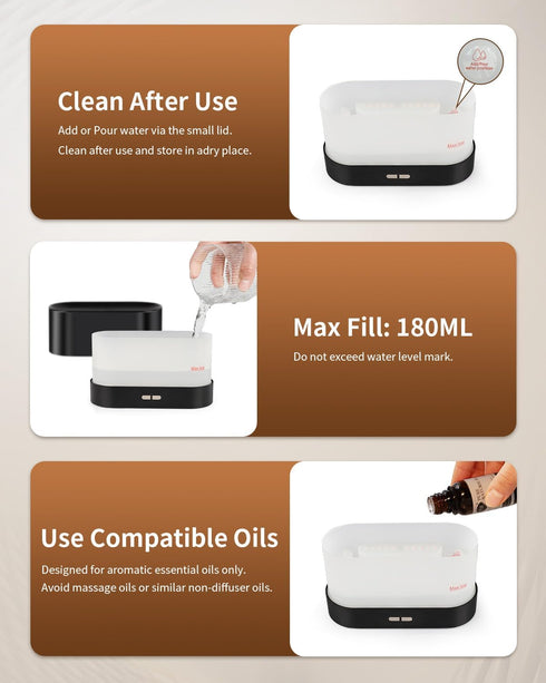 Kelymnaean 7 (180mL, Flame Effect Essential Oil Diffuser, Ultrasonic Aromatherapy Humidifier, Upgraded Color Changing