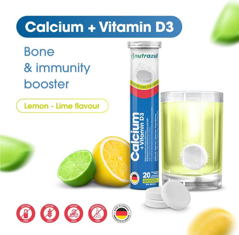 nutrazul Calcium + Vitamin D3 Effervescent Tablets-Lemon-Lime (Pack of 3 X 20) | 60 Days Supply | Gluten Free, Sugar Free, Lactose Free & Preservative Free