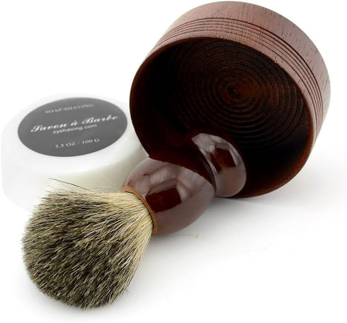 Pure Badger Hair Shaving Brush, Natural Wood Mug Bowl Hand-Made Soap Barber Set