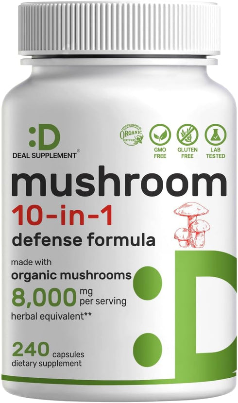 Organic Mushroom Supplement, 8,000mg Per Serving, 240 Capsules, 10 in 1 Defense Formula, Non-GMO