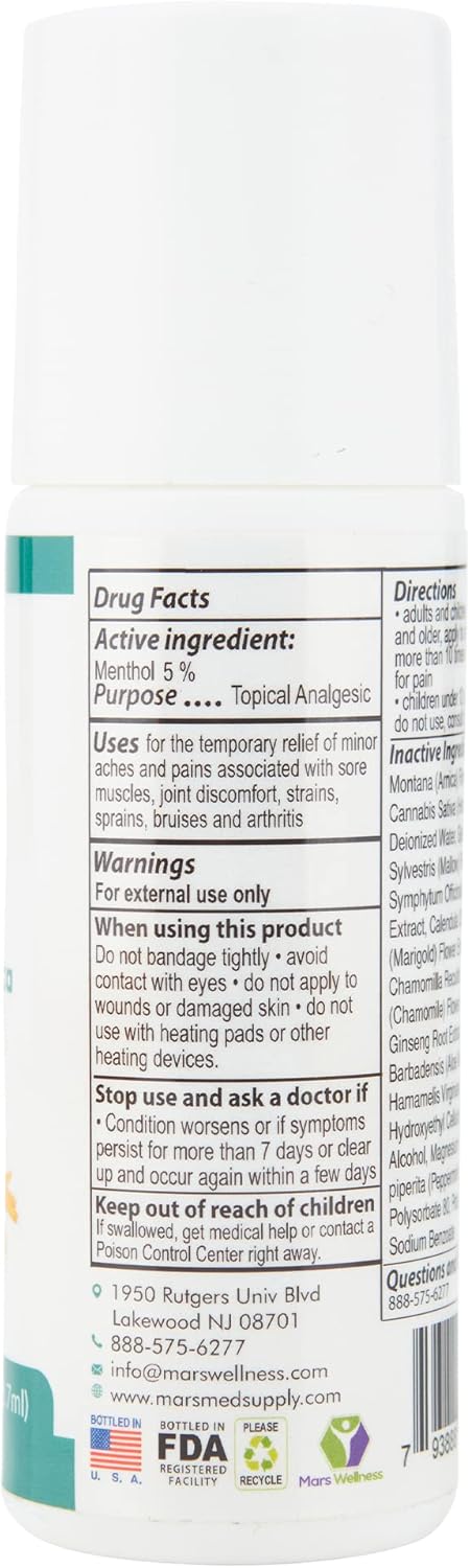 MARS WELLNESS MG+ Cooling Roll on Pain Relief (3 oz) - Fast Acting Arnica Roll on with 5% Menthol for Sore Muscle Pain
