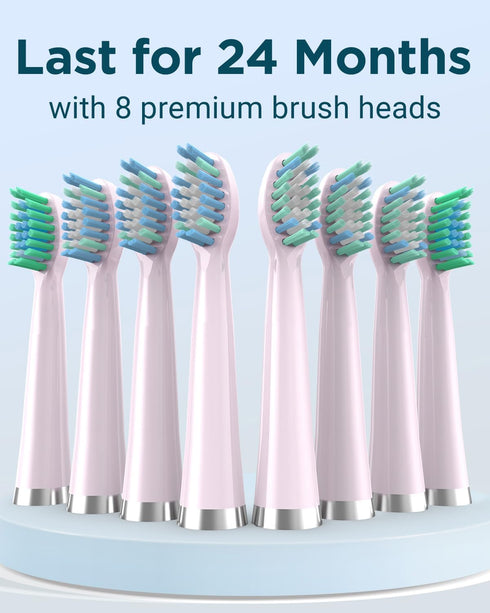 M5 Sonic Electric Toothbrush for Adults - Sakura Pink, Rechargeable with 8 Heads & Travel Case, 120 Days on 3 Hours