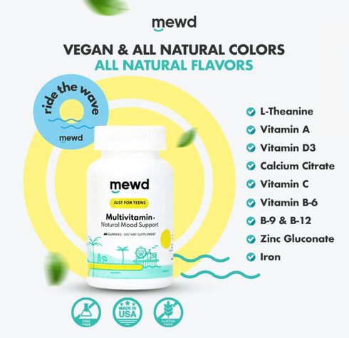 Gummies D3, B6, B9 B12, Immune MEWD Teen and Kids Mood Support Multivitamin - Natural Focus & Calm with L-Theanine