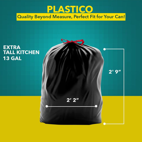Plastico Extra Tall Kitchen Trash Bags, 18 Gallon, Black, 36 Garbage Bags, Extra Strong, Easy Drawstrings, Unscented