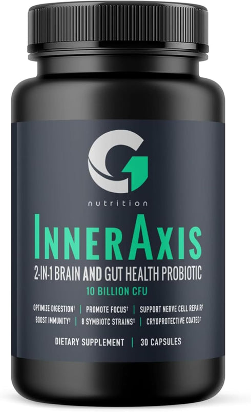InnerAxis 2-in-1 Probiotic for Brain and Gut Health, 10 Billion CFU, 30 Servings, 8 Strains for Mood Support