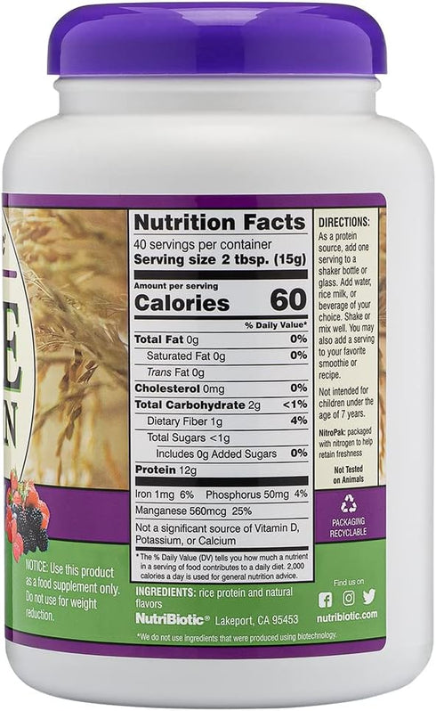 NutriBiotic Mixed Berry Rice Protein, 1 Lb 5 Oz (600g) | Vegan, Low Carb, Keto-Friendly, Raw Protein Powder