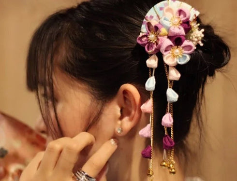 Womens Girls Japanese Kimono Flower Kanzashi Hair Ornament Tie Band Clip (Red/Black)