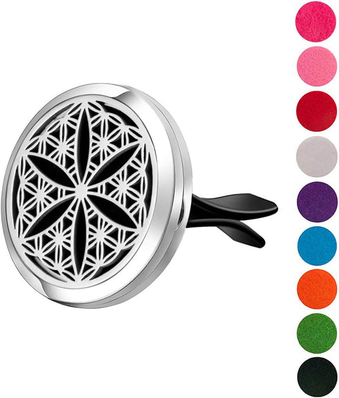 Wild Essentials Flower of Life Essential Oil Car Vent Diffuser with 12 Color Refill Pads, Stainless Steel Locket