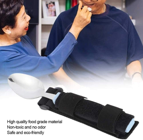 Adaptive Spoon with Universal Adjustable Hand Cuff Utensil Holder, Daily Living Aid for Elderly & Disabilities