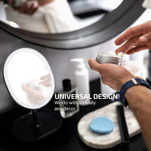 OVENTE 9" Rechargeable Lighted Tabletop Makeup Mirror, 1X Magnifying with 10X Mini Magnetic Mirror, Black