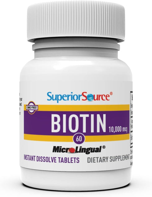 Superior Source Biotin 10,000 mcg - Daily Supplement for Hair Health & Growth, 60 Sublingual Tablets
