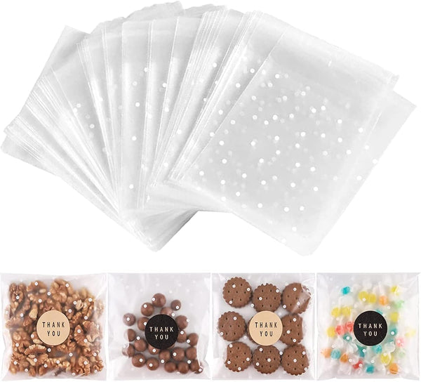 100PACK Self Adhesive Cookie Bags, Cellophane Treat Bags for Gift Giving with Stickers (White Polka Dot, 5.5x5.5 INCH)