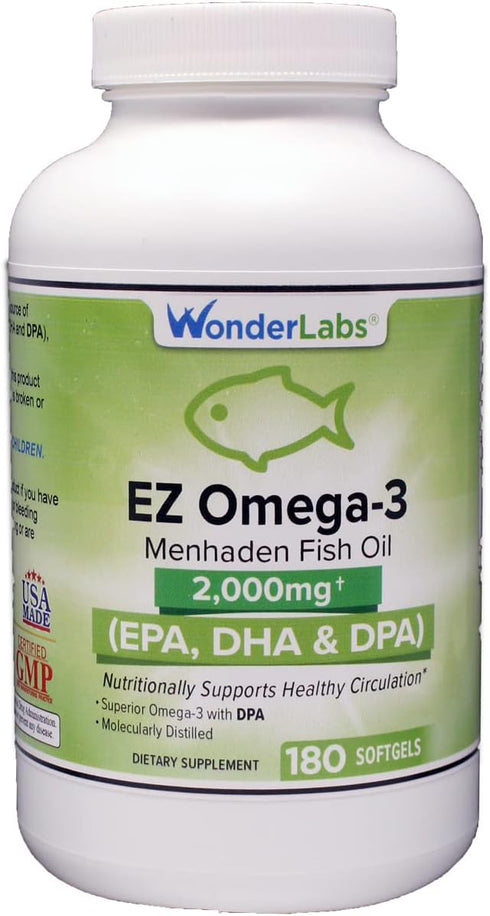 EZ Omega-3 Atlantic Menhaden Fish Oil Supplement 2000 mg, Burpless, EPA+ DHA + DPA, 180 Softgels Made in USA