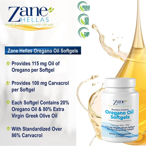 Zane Hellas Oregano Oil Softgels, Extra Strength, 20% Greek Essential Oil of Oregano, 60 Softgels