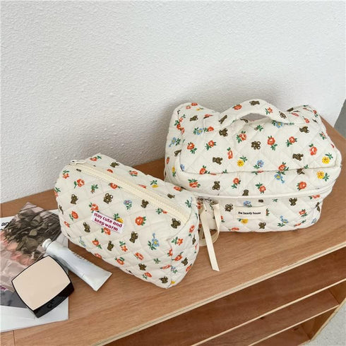 Kawaii Makeup Bag Cosmetic Case Cute Floral Storage Organizer with Handle Aesthetic Cartoon Zipper Toiletry Bag
