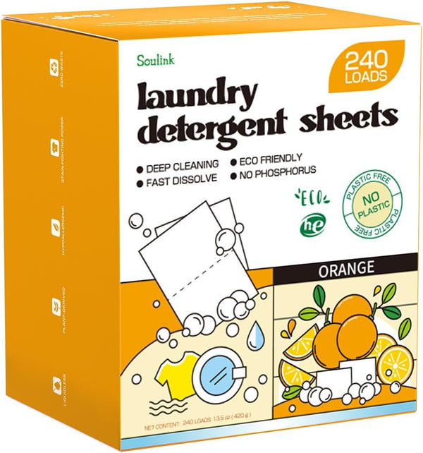 Laundry Detergent Sheets, 240 Loads, Eco-Friendly, Plant-Based, Hypoallergenic, No Plastic Jug (Orange Scent)