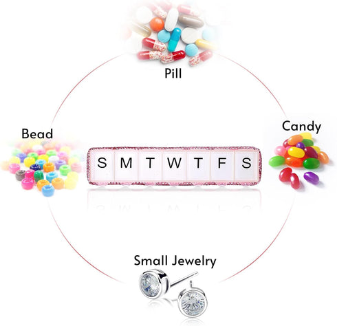 Soleebee 7 Portable Weekly Day Pill Organizer, Bling Crystal Pill Box Case, Travel Pill Planner, Pill Dispenser