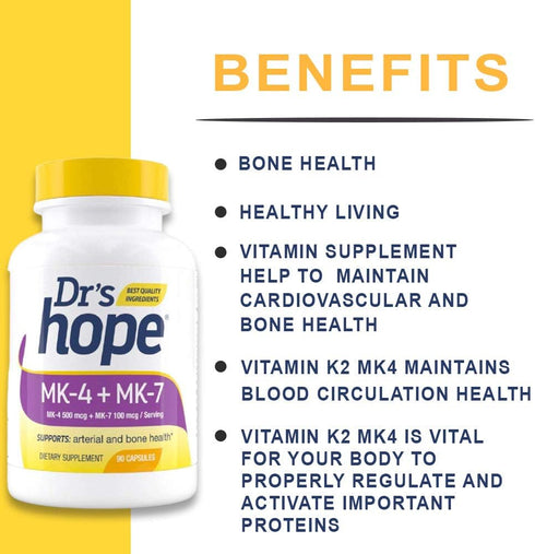 Vitamin K2-90 Capsules with 500 mcg MK4 + 100 mcg MK7 | Bone and General Health Support | High-Potency K-2 Vitamins
