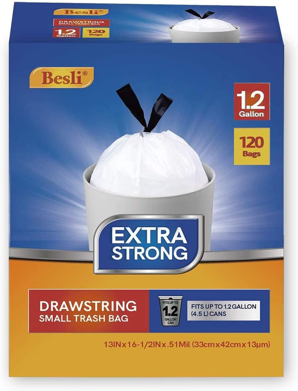 1.2 Gallon Drawstring Trash Bag, Small Garbage Bag, 120 Counts, White