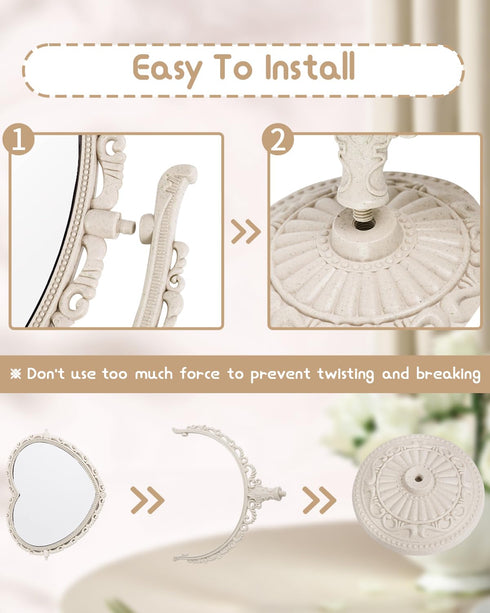 XPXKJ 7 Inch Vintage Heart Mirror, Elegant Desk Makeup Mirror with Double Sided 360 Degree Rotation