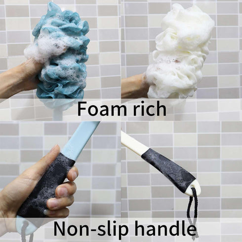 2 Pack Back Scrubber for Shower, Back Loofah with Non-slip Handle, Shower Loofah with Handle, Soft Loofah Sponge for Men Women Elderly Kids (2 Pack=Blue and White)