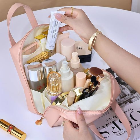 Travel Makeup Bag, Large Capacity Waterproof Cosmetic Pouch, Open Flat Toiletry Organizer with Divider for Women