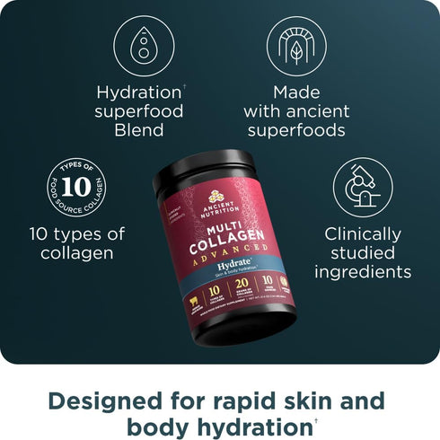 Ancient Nutrition Advanced Multi Collagen Protein Powder, Hydrate, Lemon Lime, 30 Servings