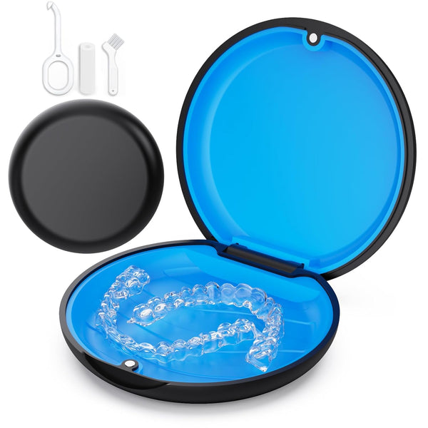 Slim Aligner Retainer Case Compatible with Invisalign, Cute Black Mouth Guard Case with Removal Tool & Brush