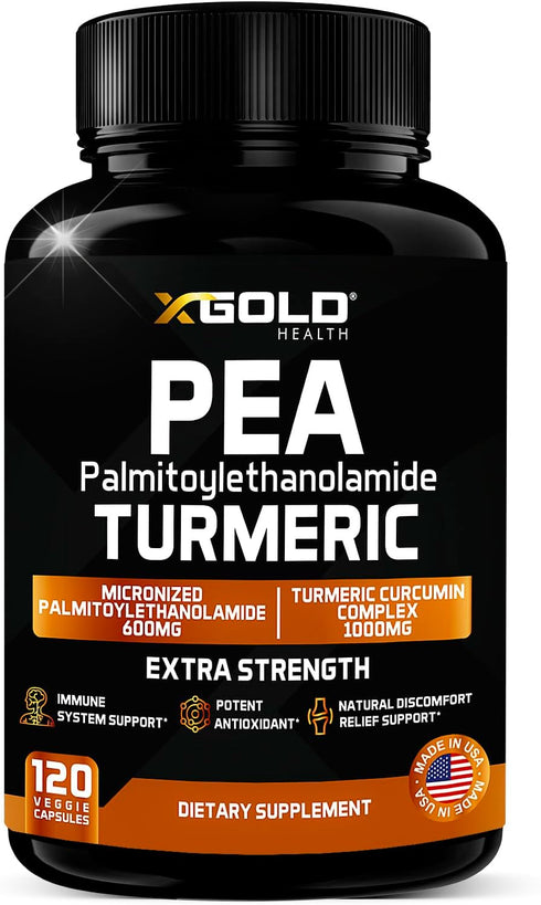 Palmitoylethanolamide 600mg + Turmeric Curcumin Complex 1000mg, Micronized Pea Supplement for Men and Women, 120 Veggie