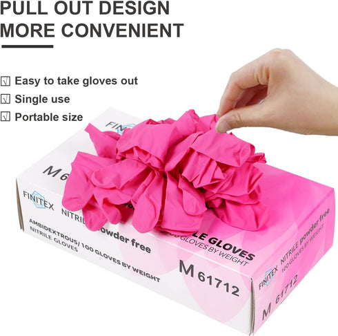 FINITEX Pink Nitrile Disposable Gloves - 3.5mil, 100PCS Powder Free Latex Free Cleaning Medical Exam Food Gloves