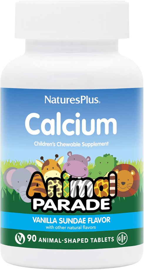 NaturesPlus Animal Parade Calcium, Vanilla Sundae Flavor - 90 Animal-Shaped Chewable Tablets, Promotes Healthy Bones