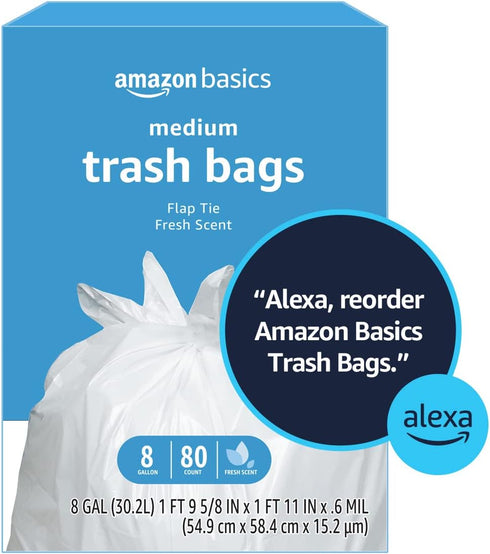 Amazon Basics 8 Gallon Flap Tie Trash Bags, 80 Count, Fresh Scent
