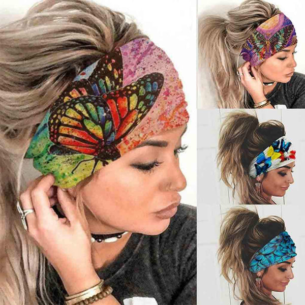 Olbye Wide Boho Headbands, Butterfly Stretch Button Hair Bands for Yoga, Running, Athletic Turban, 4Pcs
