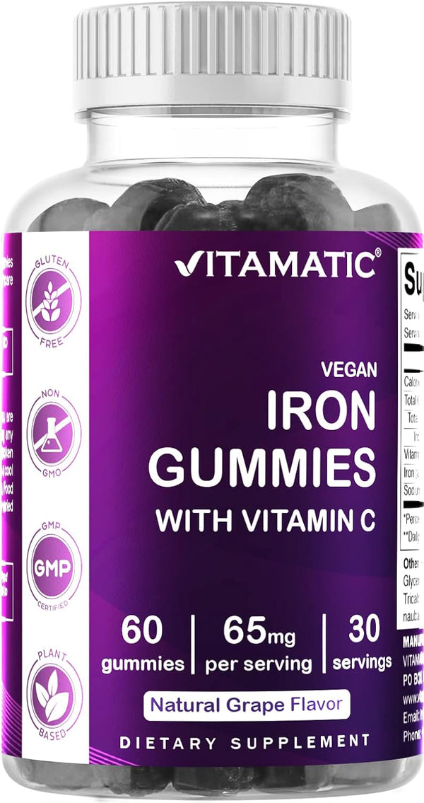 Vitamatic Iron 65 mg Gummies - 60 Vegan Gummies with Vitamin C, Great Tasting Iron Supplement for Women & Men