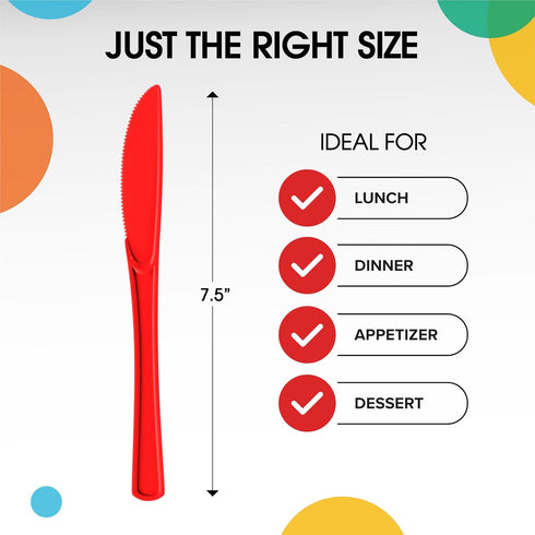 Exquisite Heavy Duty Red Plastic Knife, 50 Pcs - BPA Free Disposable Cutlery for Parties, Picnics & More by Exquisite