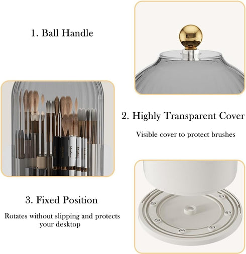 Makeup Brush Organizer with Lid, 360° Rotating Clear Dustproof Storage, Cup Pen Holder for Vanity Bathroom (Clear Black