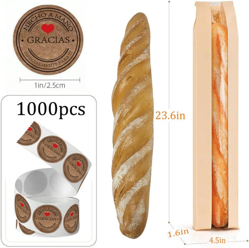 PEOKPIPLE 1000 120-Pack 4.5 1.6 23.6 Inch Packaging Bread Bags for Homemade Bread with Labels, x x Paper Bags for Bread