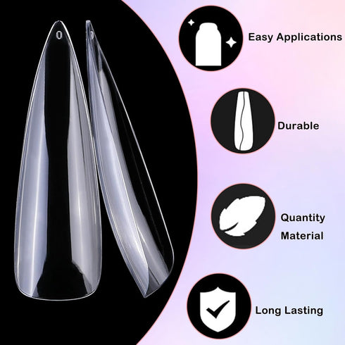 LoveOurHome 240pc XL Clear Stiletto Nail Tips, Full Cover Acrylic False Nails for Women Girls, 12 Size Manicure