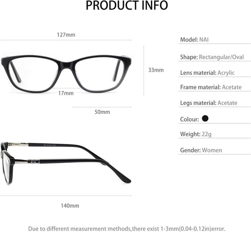 OCCI CHIARI Thin TR90 Rectangular Anti Blue-Ray Reading Glasses for Women (D-Black, 3.0) - 1.0 to 3.0