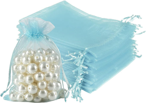 HRX Package 100pcs Organza Favor Bags 4 x 6 inch, Light Blue Mesh Drawstring Sheer Jewelry Pouches for Baby Shower Party