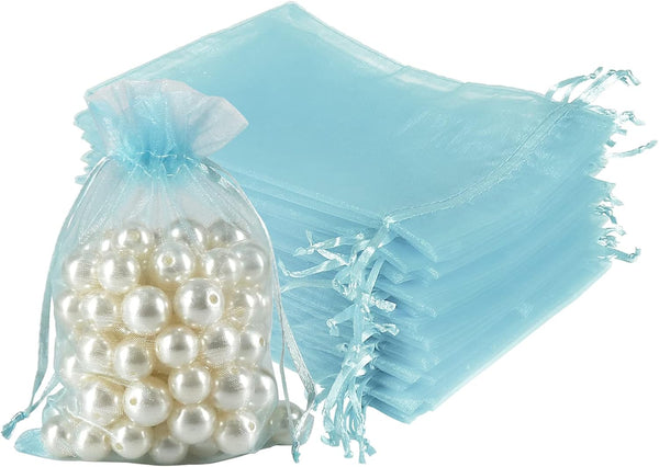 HRX Package 100pcs Organza Favor Bags 4 x 6 inch, Light Blue Mesh Drawstring Sheer Jewelry Pouches for Baby Shower Party