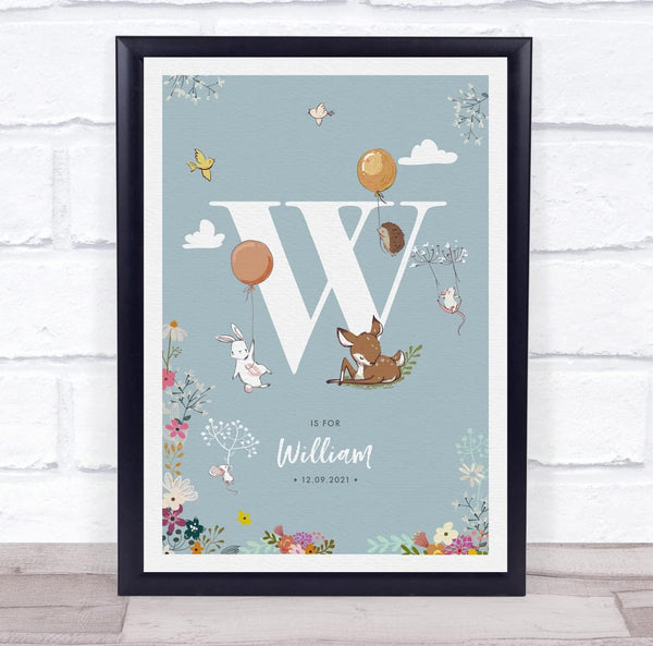 The Card Zoo New Baby Birth Details Christening Nursery Woodland Animals Initial W Gift Print