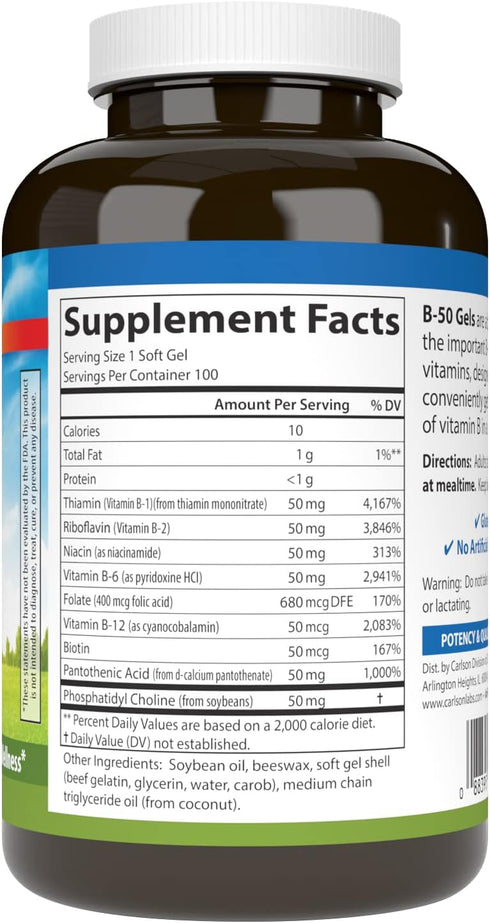 Carlson B-50 Gels, Vitamin B Complex for Energy Production, Cellular Support, Optimal Wellness, 100 Softgels