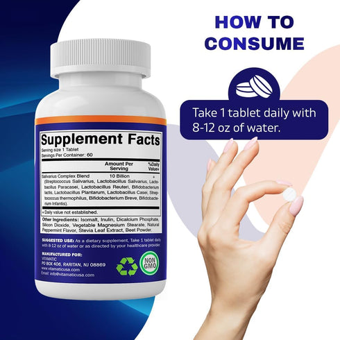 Vitamatic Salivarius Complex 10 Billion Chewable Mint Flavored Tablet, 60 Count Probiotics for Oral Health