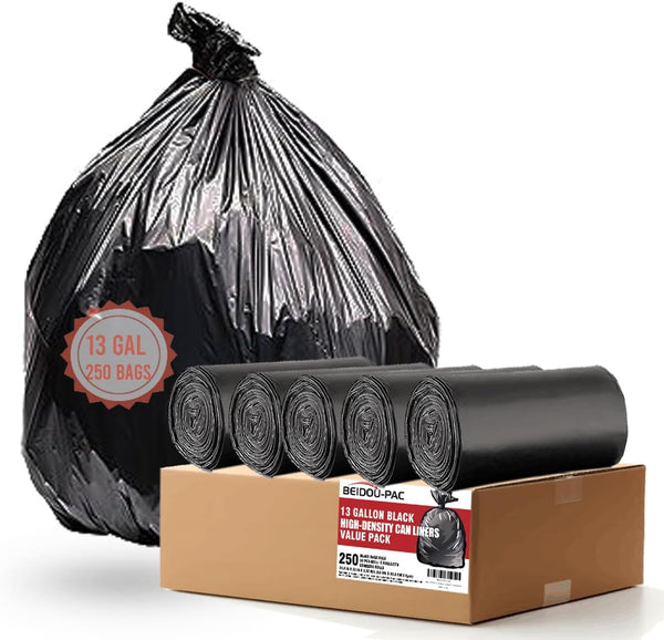 250 Count 13 Gallon Black Tall Kitchen Trash Bags, Multi-purpose Bin Liners for Bathroom, Office, Recycling