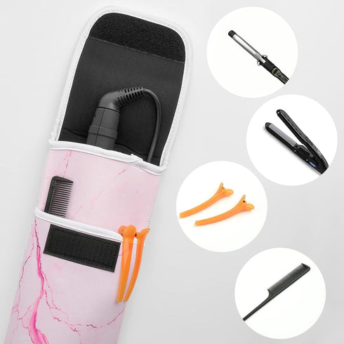 Heat Resistant Neoprene Curling Iron Cover Bag, Universal Curling Iron Cover Sleeve, Flat Iron Curling Wand Travel Case Pouch for Travel, Gym, or Home, 15 x 5 Inches (Pink Marble Pattern)