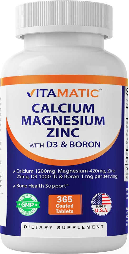 Vitamatic Calcium Magnesium Zinc D3 Boron | 365 Coated Tablets Supplement | Calcium 1200 mg, Magnesium 420mg, Zinc