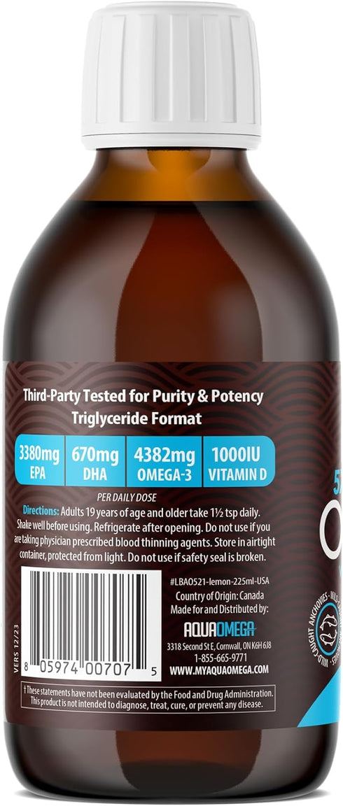 5X Ultimate Strength High EPA Omega-3 Liquid with DHA and Vitamin D - Wild Caught Fish Oil Supplements, 7.60 Fl Oz Lemon