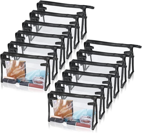 SITAKE 12 Pcs Clear Waterproof Cosmetic Bags with Handle, Portable Makeup Pouches, PVC Travel Organizers (Black)