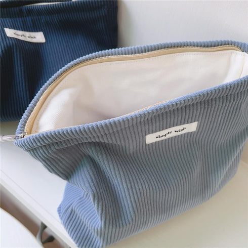 Wudygirl Makeup Bag, Portable Cosmetic Travel Bag for Women and Girls, Large Capacity Corduroy Toiletry Bag (Light Blue)